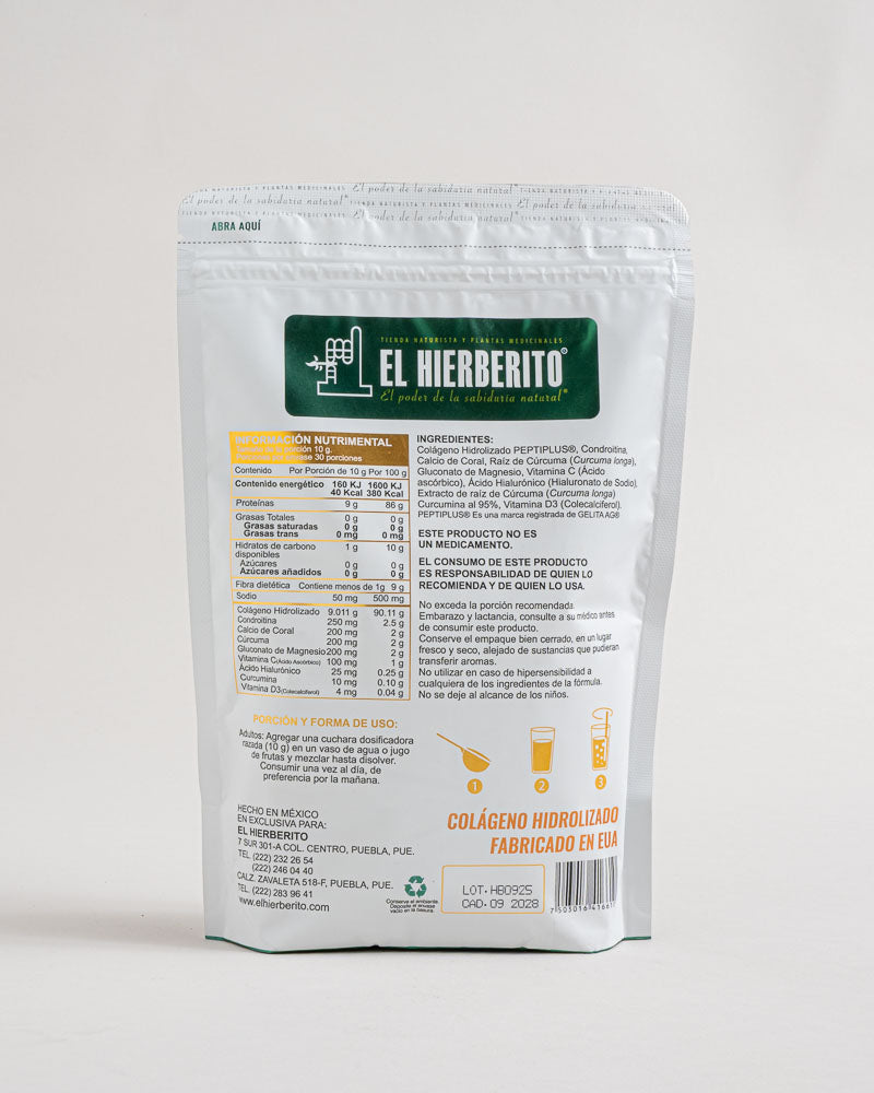 Colageno Hidrolizado + AH, Condroitina, Calcio Coral 300 grs.